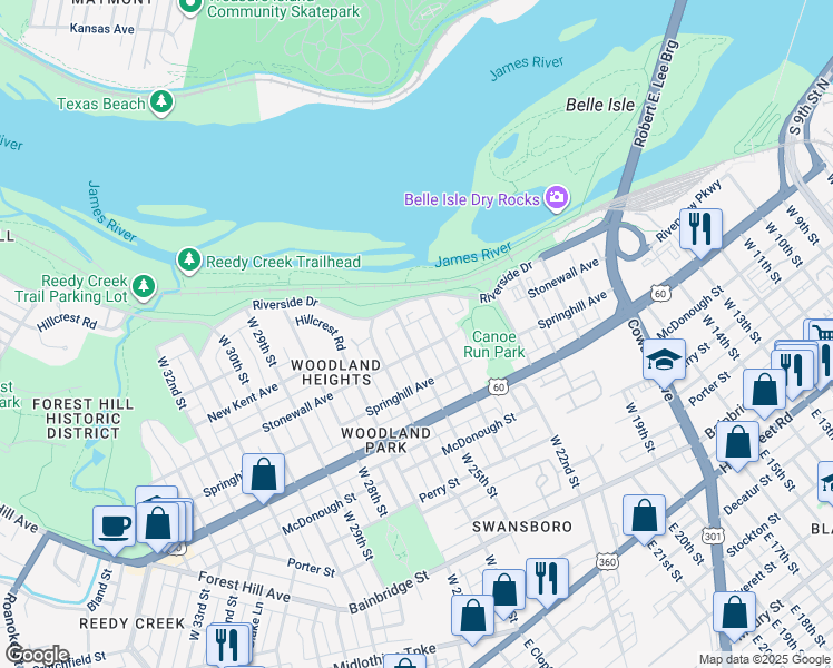 map of restaurants, bars, coffee shops, grocery stores, and more near 709 West 25th Street in Richmond