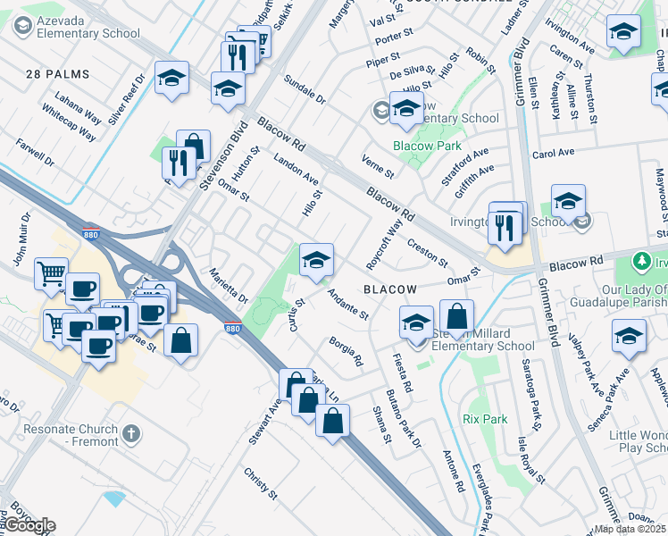 map of restaurants, bars, coffee shops, grocery stores, and more near 5111 Curtis Street in Fremont