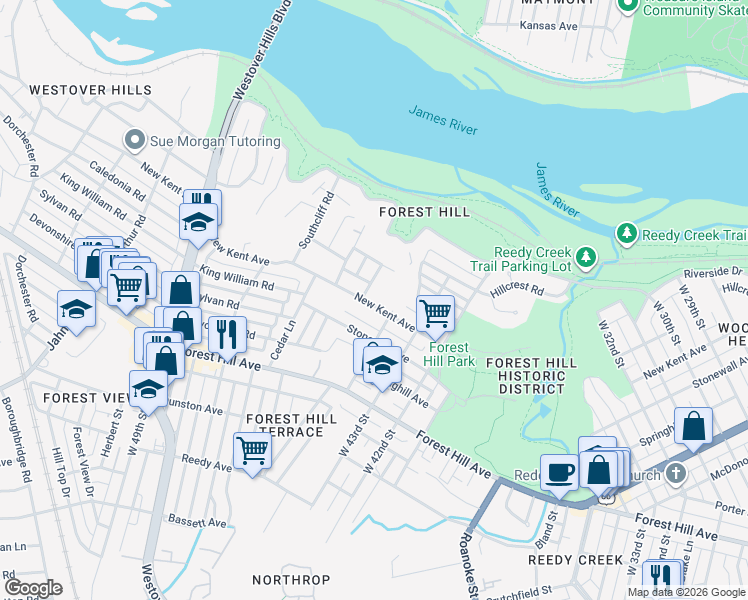 map of restaurants, bars, coffee shops, grocery stores, and more near 4409 New Kent Avenue in Richmond