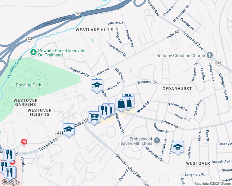 map of restaurants, bars, coffee shops, grocery stores, and more near 6226 Westower Drive in Richmond