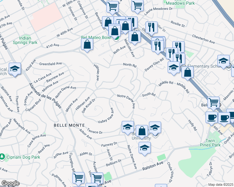 map of restaurants, bars, coffee shops, grocery stores, and more near 1632 Notre Dame Avenue in Belmont