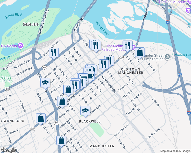 map of restaurants, bars, coffee shops, grocery stores, and more near 903 Hull Street in Richmond