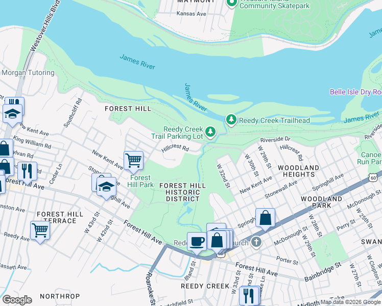 map of restaurants, bars, coffee shops, grocery stores, and more near 4110 Hillcrest Road in Richmond