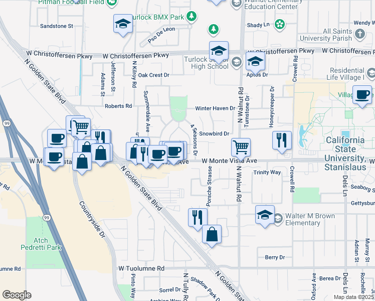 map of restaurants, bars, coffee shops, grocery stores, and more near 2023 Spring Blossom Lane in Turlock