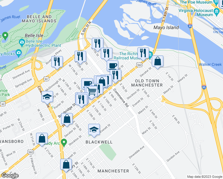 map of restaurants, bars, coffee shops, grocery stores, and more near 812 Hull Street in Richmond