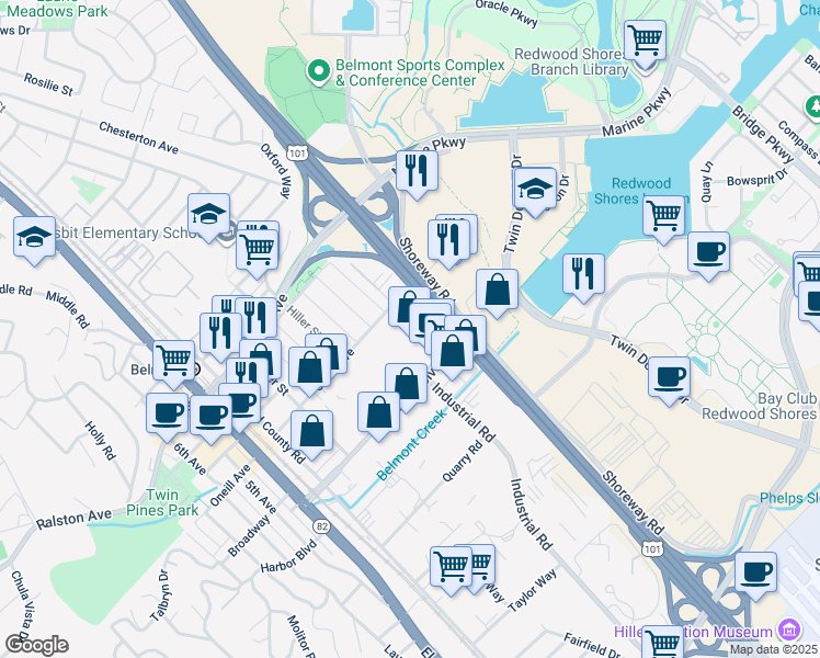 map of restaurants, bars, coffee shops, grocery stores, and more near 31 Karen Road in Belmont