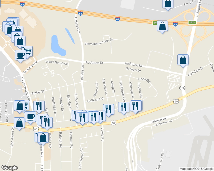 map of restaurants, bars, coffee shops, grocery stores, and more near 4804 Subrenda Dr in Sandston