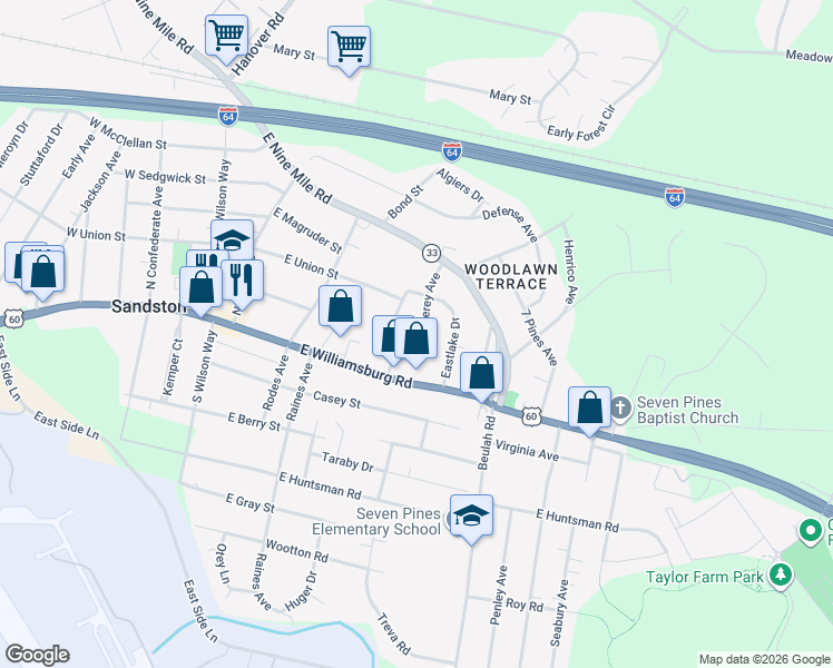 map of restaurants, bars, coffee shops, grocery stores, and more near 15 Monterey Avenue in Sandston