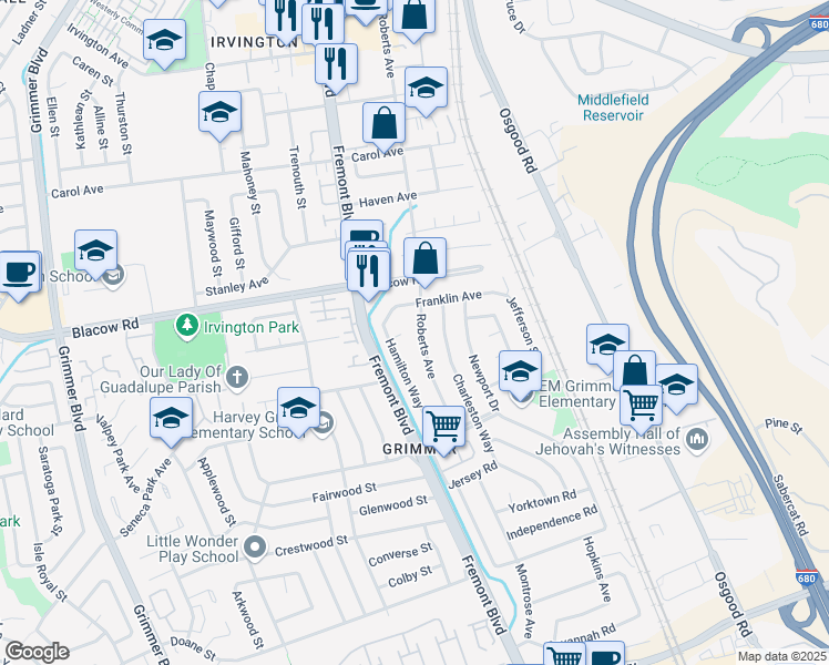 map of restaurants, bars, coffee shops, grocery stores, and more near 42617 Roberts Avenue in Fremont