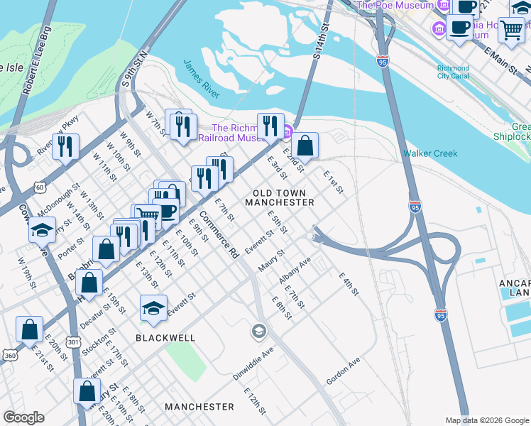 map of restaurants, bars, coffee shops, grocery stores, and more near 501 Stockton Street in Richmond
