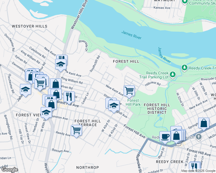 map of restaurants, bars, coffee shops, grocery stores, and more near New Kent Avenue in Richmond