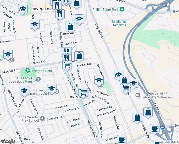 map of restaurants, bars, coffee shops, grocery stores, and more near 42646 Newport Drive in Fremont