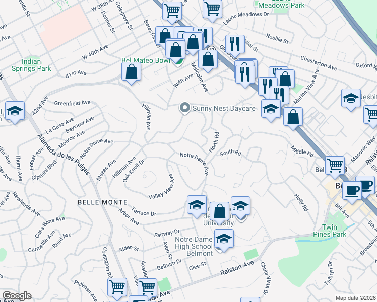 map of restaurants, bars, coffee shops, grocery stores, and more near 1608 Notre Dame Avenue in Belmont