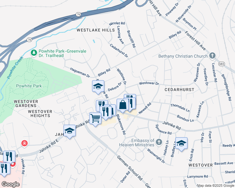 map of restaurants, bars, coffee shops, grocery stores, and more near 6226 Westower Drive in Richmond