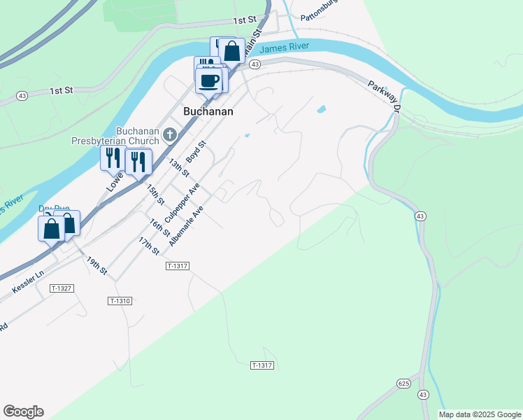 map of restaurants, bars, coffee shops, grocery stores, and more near 308 Spangler Drive in Buchanan