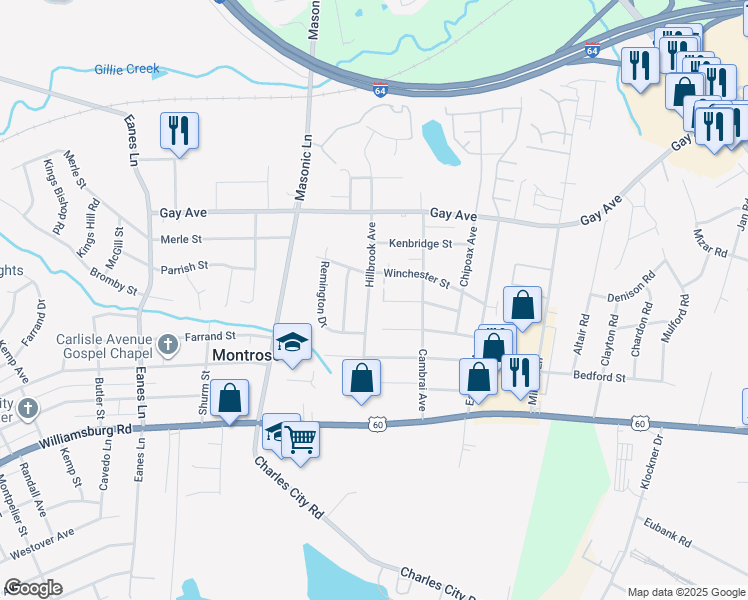 map of restaurants, bars, coffee shops, grocery stores, and more near 4611 Hillbrook Avenue in Richmond