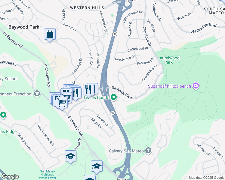 map of restaurants, bars, coffee shops, grocery stores, and more near 28 Amy Drive in San Mateo