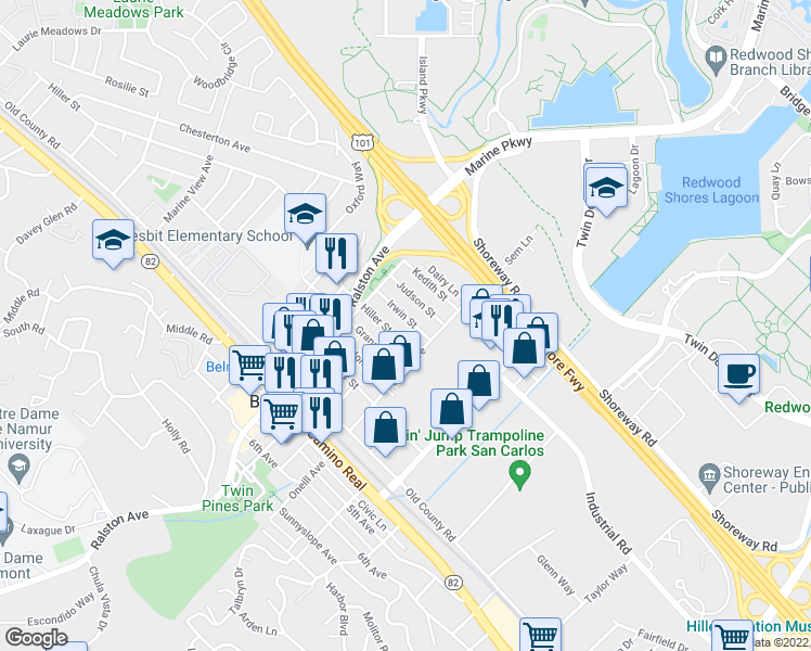 map of restaurants, bars, coffee shops, grocery stores, and more near 1160 Irwin Street in Belmont
