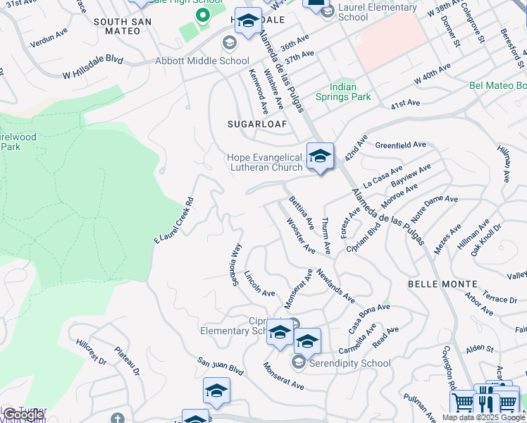 map of restaurants, bars, coffee shops, grocery stores, and more near 4208 Highview Drive in San Mateo