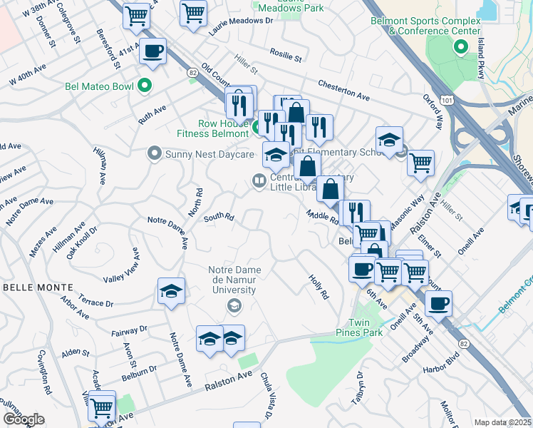 map of restaurants, bars, coffee shops, grocery stores, and more near 539 Vannier Drive in Belmont