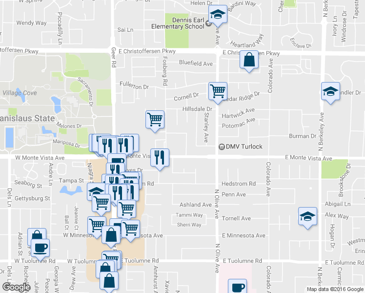 map of restaurants, bars, coffee shops, grocery stores, and more near 3241 Radcliff Way in Turlock