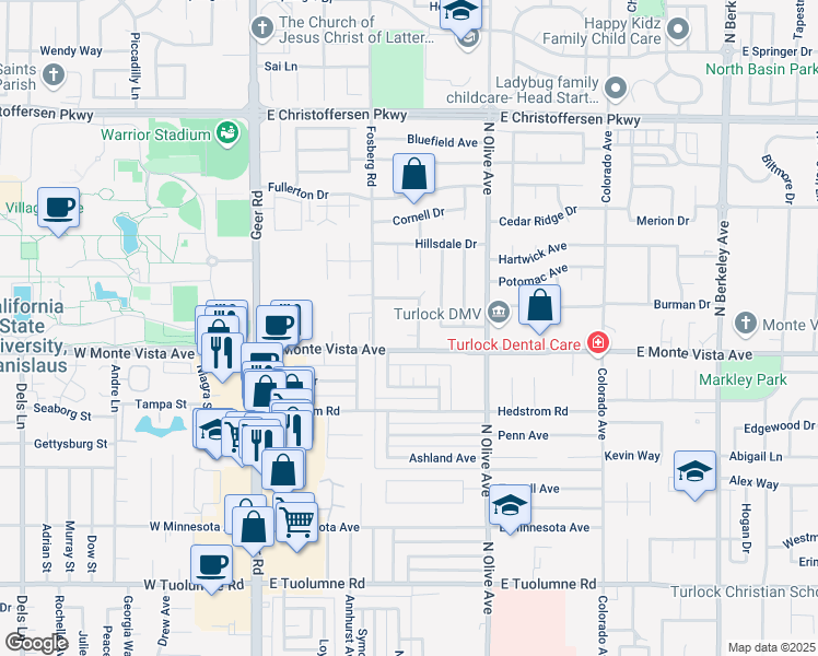 map of restaurants, bars, coffee shops, grocery stores, and more near 3241 Radcliff Way in Turlock