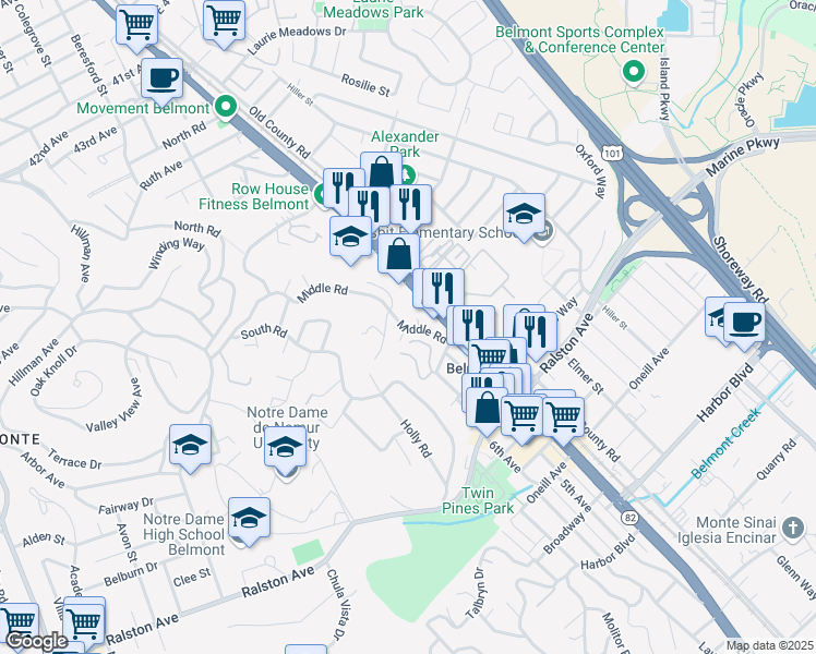 map of restaurants, bars, coffee shops, grocery stores, and more near 26 Cobblestone Lane in Belmont