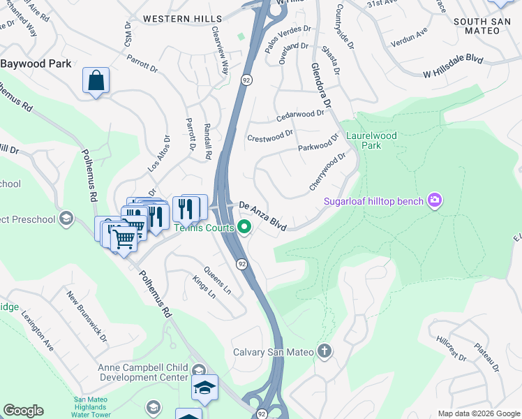 map of restaurants, bars, coffee shops, grocery stores, and more near 1666 De Anza Boulevard in San Mateo