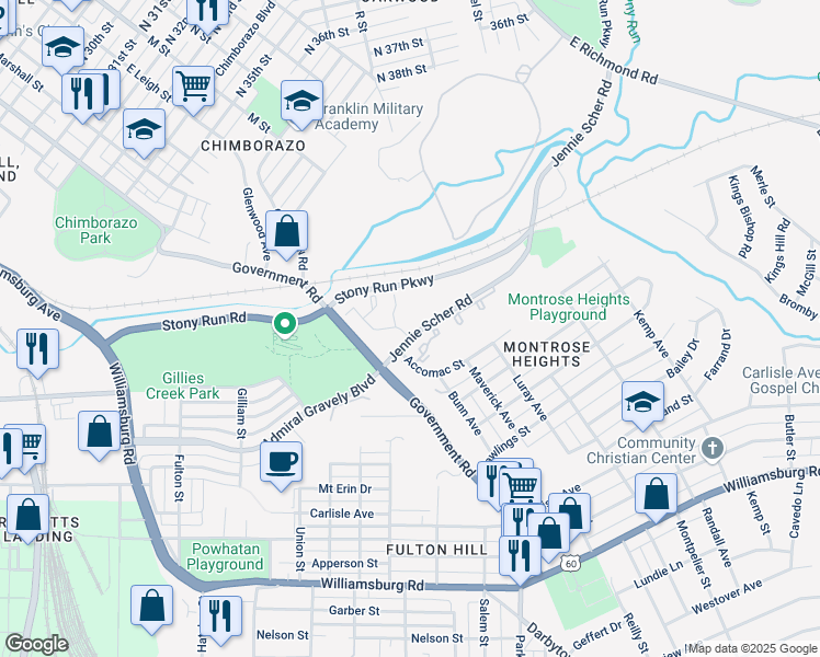 map of restaurants, bars, coffee shops, grocery stores, and more near 1308 Jennie Scher Road in Richmond