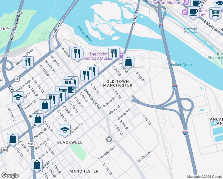 map of restaurants, bars, coffee shops, grocery stores, and more near 501 Stockton Street in Richmond