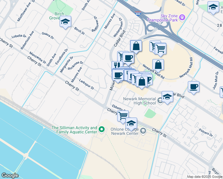 map of restaurants, bars, coffee shops, grocery stores, and more near Mowry Ave & Alpine St in Newark