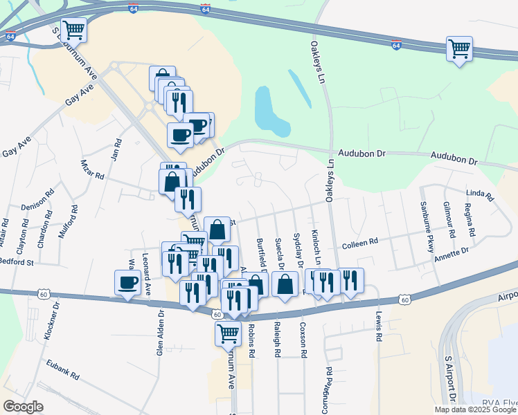 map of restaurants, bars, coffee shops, grocery stores, and more near 4713 Burtfield Court in Richmond