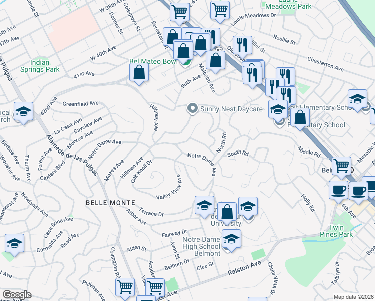map of restaurants, bars, coffee shops, grocery stores, and more near 1632 Notre Dame Avenue in Belmont