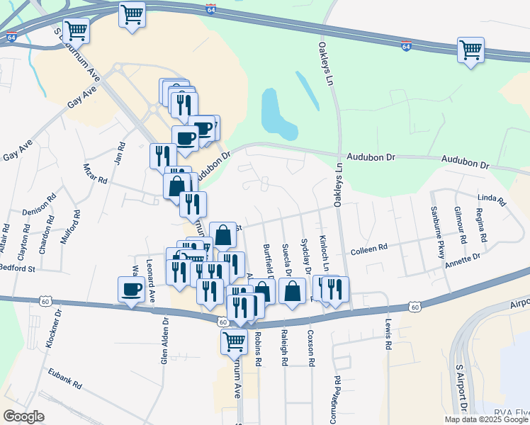 map of restaurants, bars, coffee shops, grocery stores, and more near 4713 Burtfield Court in Richmond