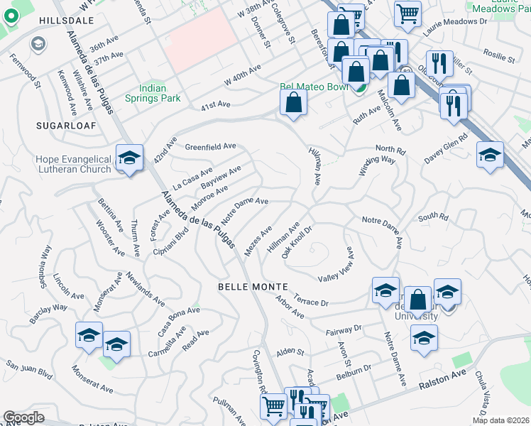 map of restaurants, bars, coffee shops, grocery stores, and more near 2011 Belle Monti Avenue in Belmont