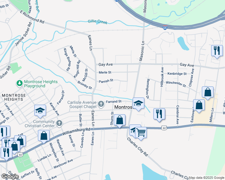 map of restaurants, bars, coffee shops, grocery stores, and more near 4617 Raspberry Patch Lane in Henrico