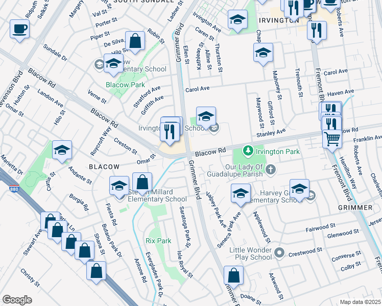 map of restaurants, bars, coffee shops, grocery stores, and more near 41800 Blacow Road in Fremont