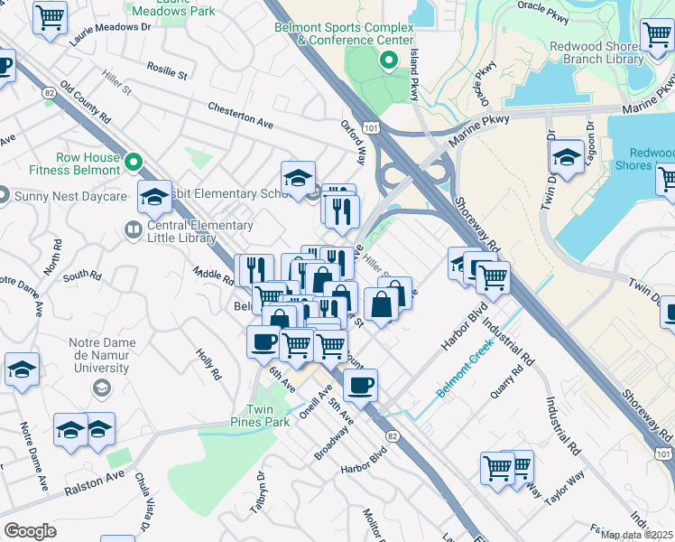 map of restaurants, bars, coffee shops, grocery stores, and more near 562 Ralston Avenue in Belmont