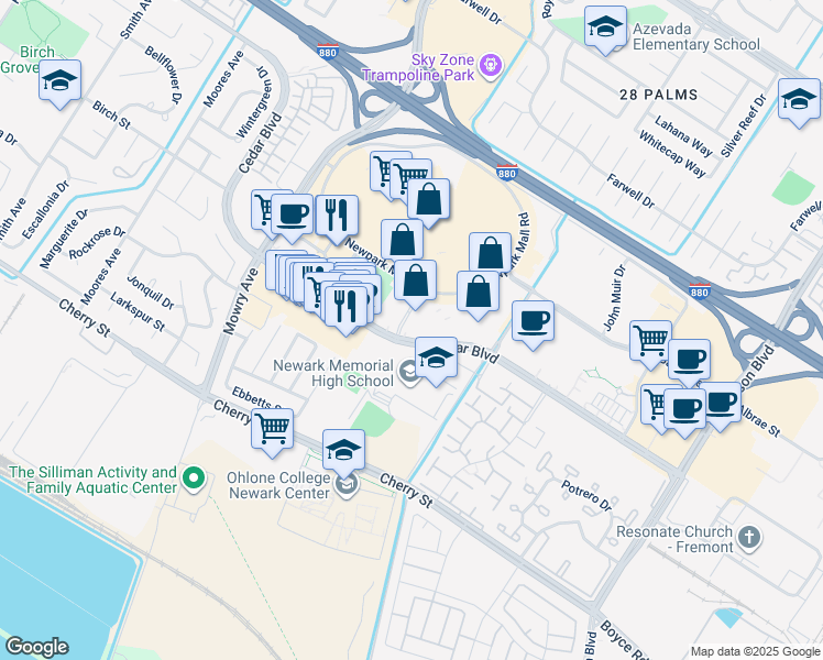 map of restaurants, bars, coffee shops, grocery stores, and more near 39501 Cedar Boulevard in Newark