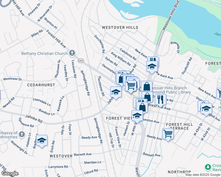 map of restaurants, bars, coffee shops, grocery stores, and more near 5109 Boscobel Avenue in Richmond