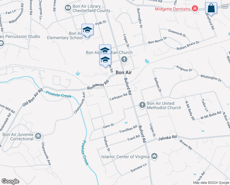 map of restaurants, bars, coffee shops, grocery stores, and more near 1820 Buford Road in Richmond