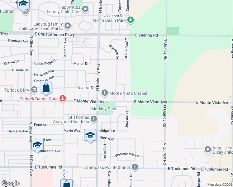 map of restaurants, bars, coffee shops, grocery stores, and more near 3278 Brookstone Drive in Turlock