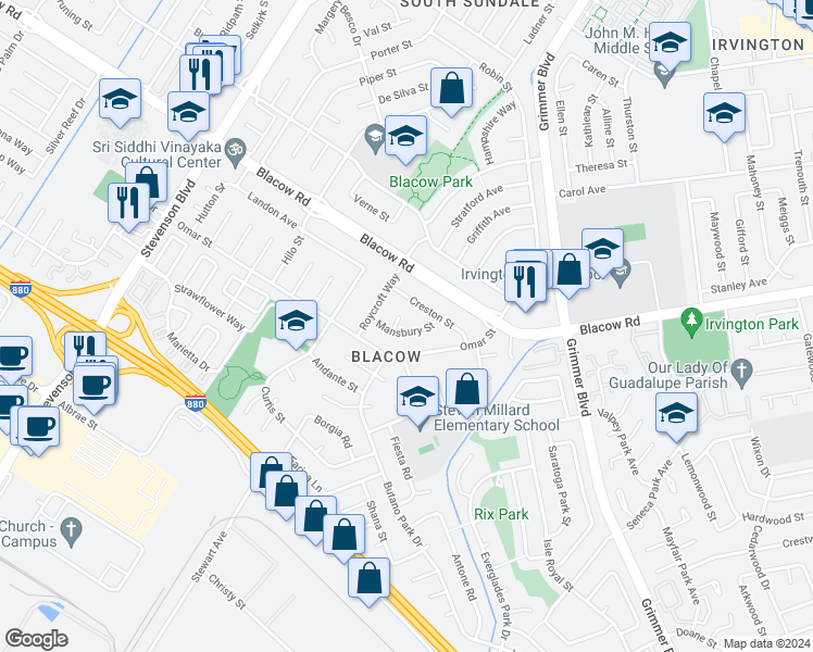 map of restaurants, bars, coffee shops, grocery stores, and more near 4933 Mansbury Street in Fremont