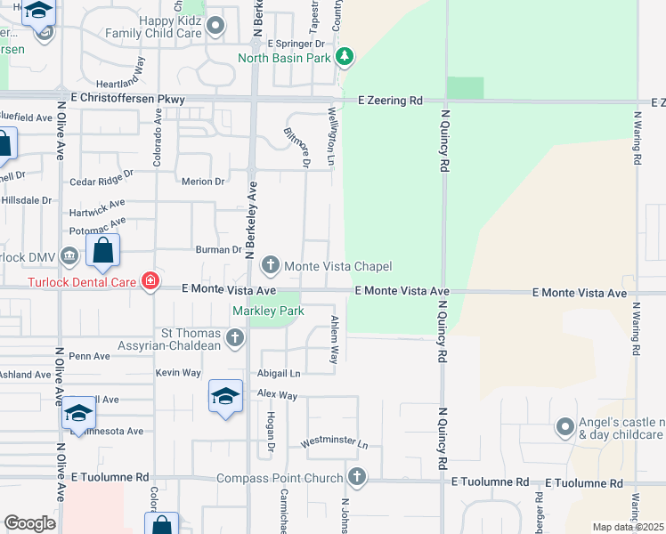 map of restaurants, bars, coffee shops, grocery stores, and more near 3280 Amethyst Way in Turlock