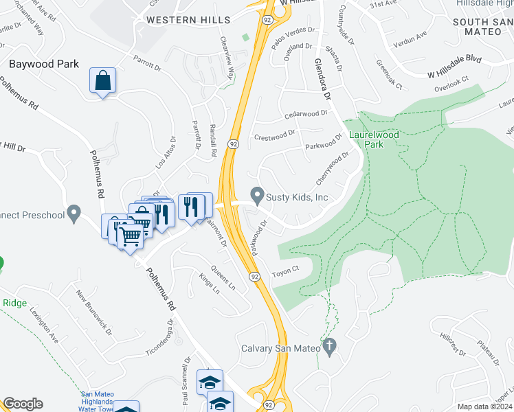 map of restaurants, bars, coffee shops, grocery stores, and more near De Anza Boulevard in San Mateo