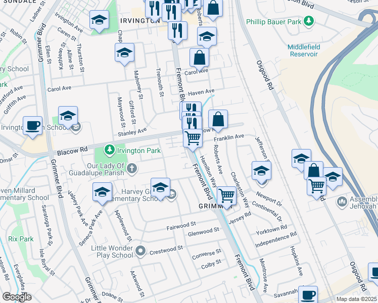 map of restaurants, bars, coffee shops, grocery stores, and more near Fremont Boulevard in Fremont