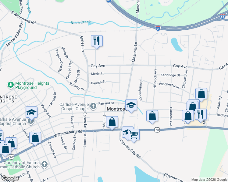 map of restaurants, bars, coffee shops, grocery stores, and more near 4621 Raspberry Patch Lane in Henrico