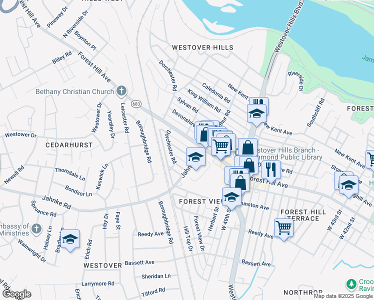 map of restaurants, bars, coffee shops, grocery stores, and more near 5109 Boscobel Avenue in Richmond