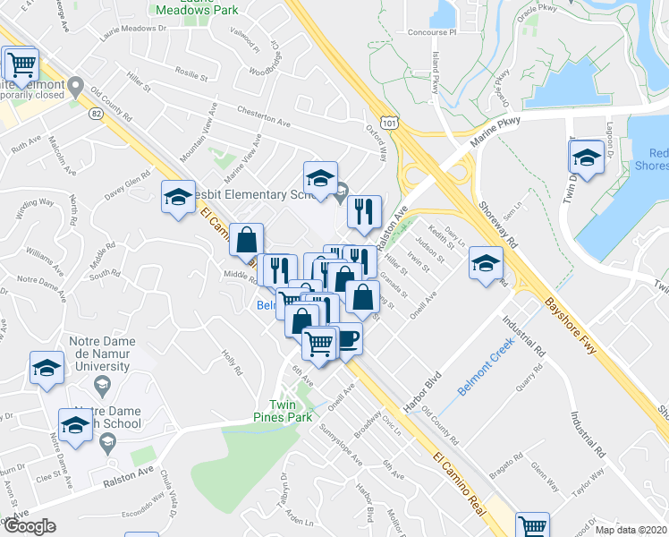 map of restaurants, bars, coffee shops, grocery stores, and more near 640 Masonic Way in Belmont