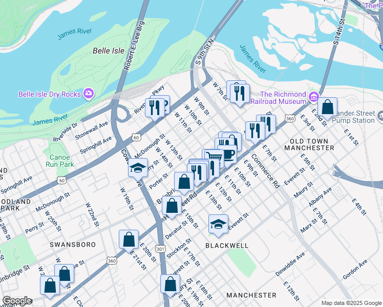 map of restaurants, bars, coffee shops, grocery stores, and more near 1211 Porter Street in Richmond